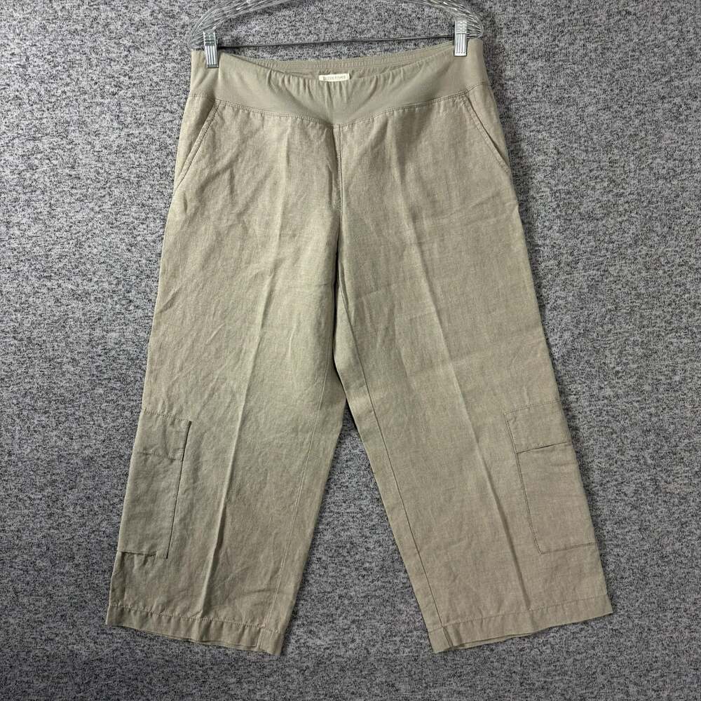 Eileen Fisher Women's Medium Beige Organic Linen Wide Leg Crop Cargo Pant